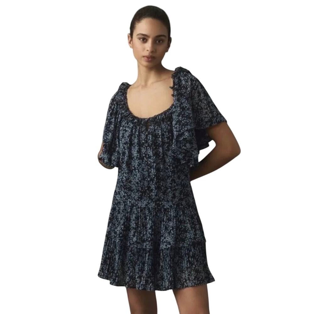 Anthropologie Blue Floral Flutter Sleeve Tiered Ruffle Boho Mini Dress⁠ small
